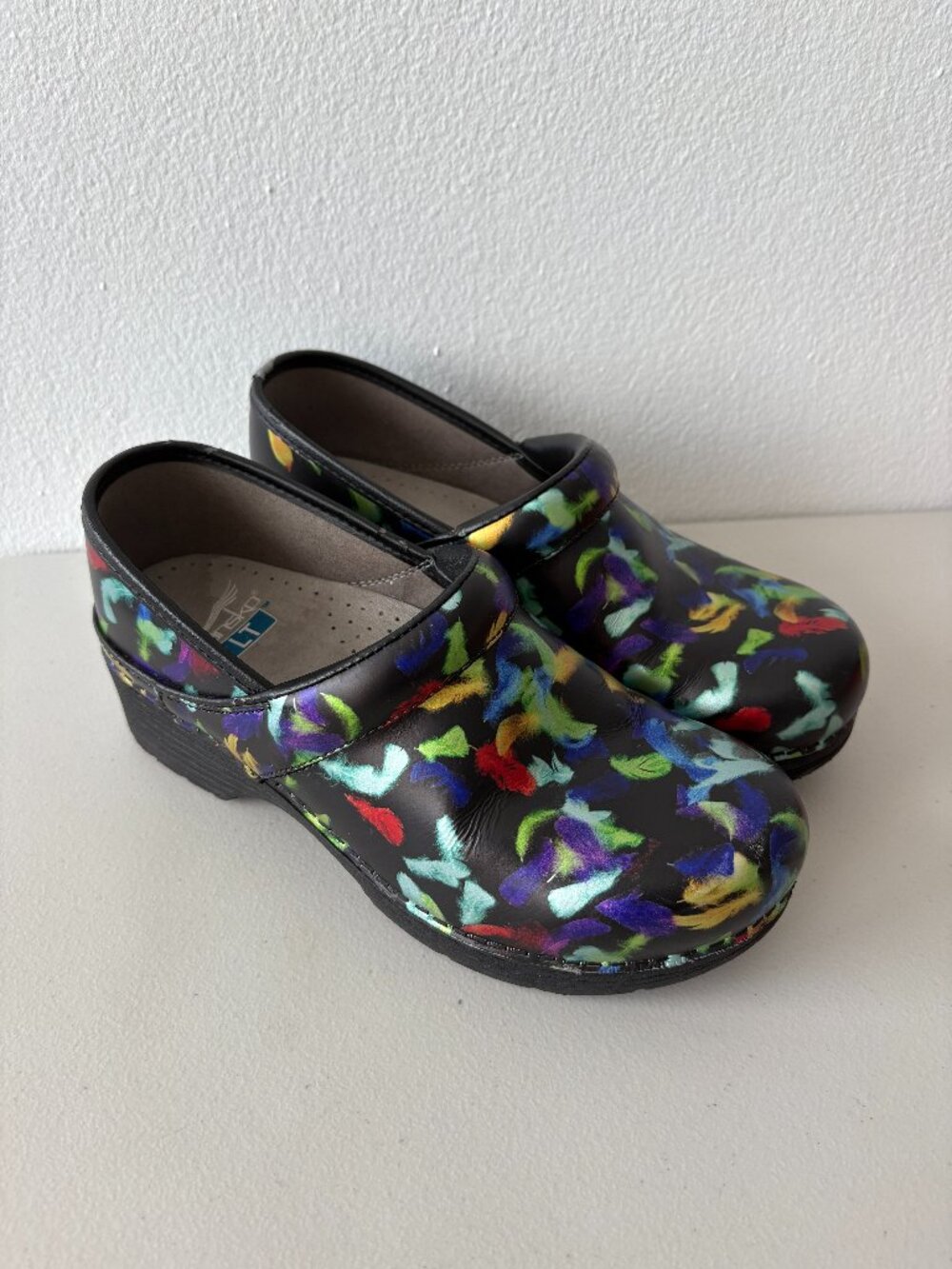 Dansko Professional Black Multicolor Abstract Paint Splatter Leather Clogs Women